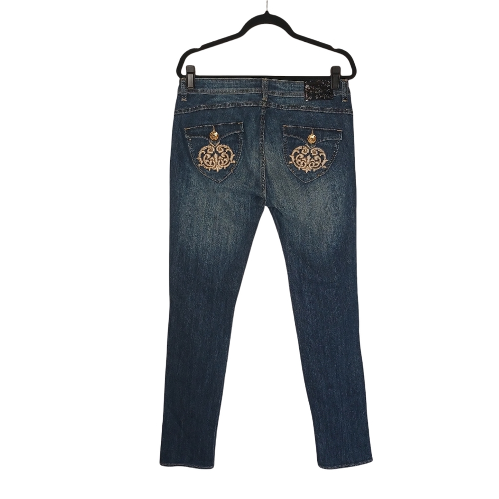 APPLE BOTTOMS Gold Detail Back Pocket Distressed Slim Skinny Blue Jeans 11/12